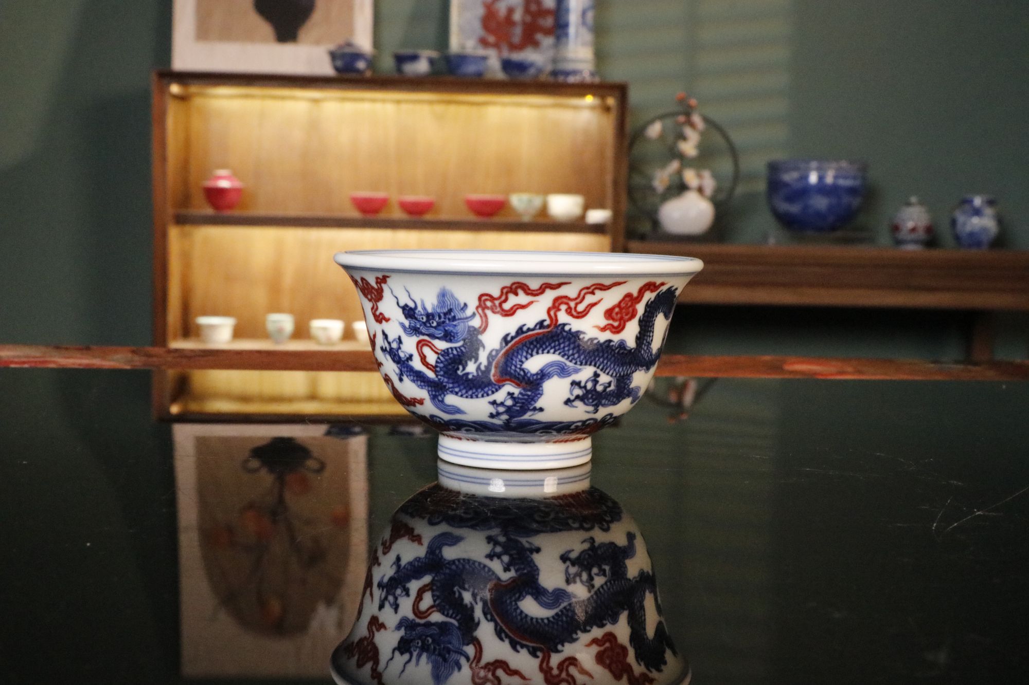 片云晚谷青花釉里红双龙压手杯手绘景德镇陶瓷茶器主人杯茶具龙纹