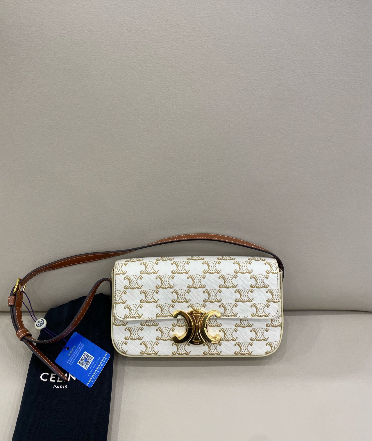 95新 Celine/思琳 凯旋门老花腋下包 白色老花有鉴定证书