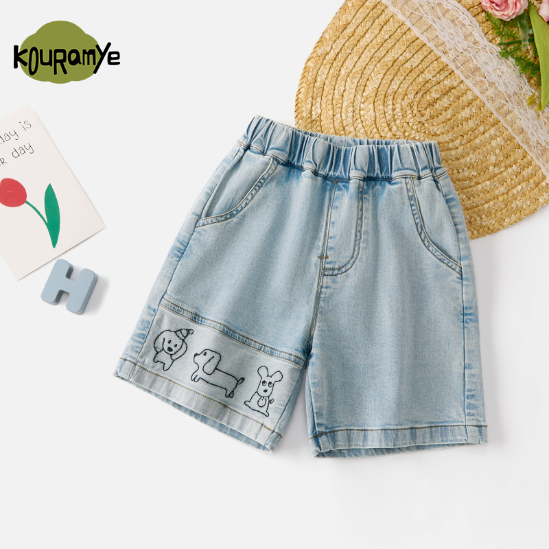 酷娃米夏季新款儿童裤子中小男女宝拼接小狗刺绣牛仔五分裤70428