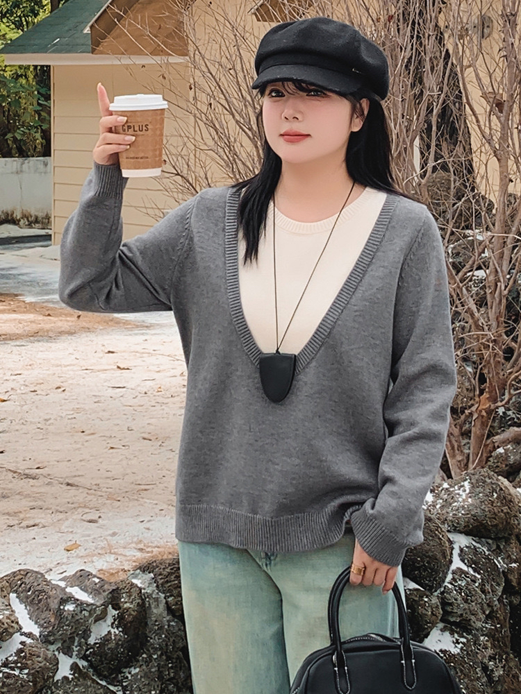 DY大码女装假两件撞色宽松慵懒毛衣时尚百搭