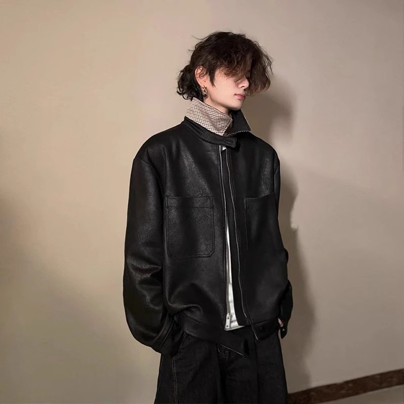 黑色拼接皮衣外套男春秋季cleanfit千鸟格内里短款猎装夹克棒球服