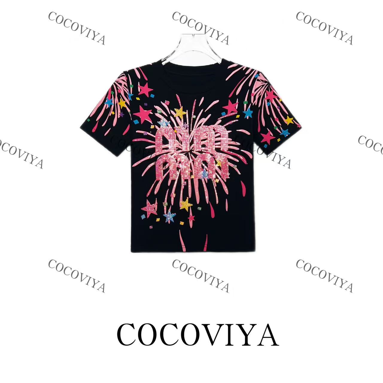 【CC】COCOVIYA星芒烟花短袖T恤烫钻字母夏日浪漫休闲上衣26C-481