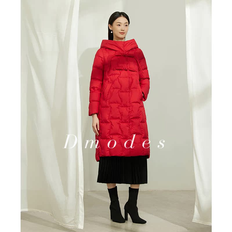 黛玛诗新中式国风外套冬新款长袖长款保暖连帽宽松羽绒服红色