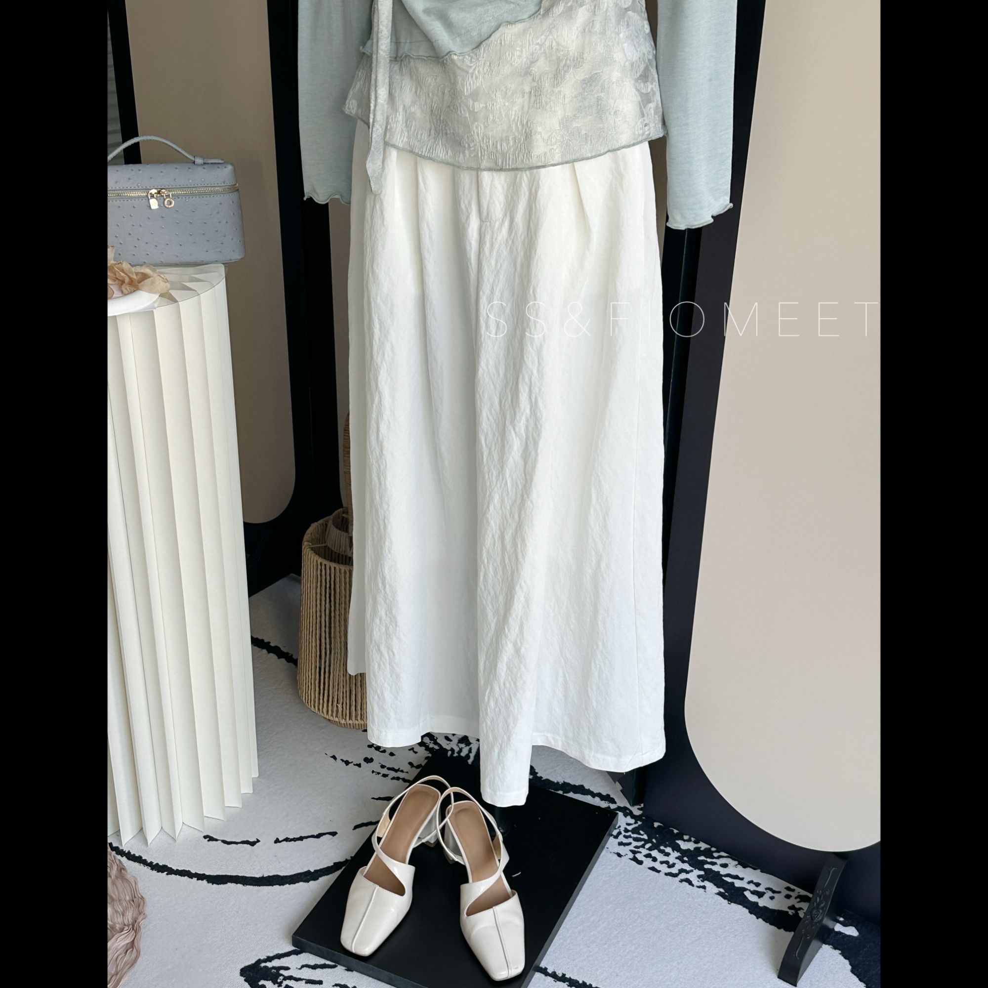 【硕硕】简约春款白松紧腰A字显瘦半裙休闲春夏季百搭