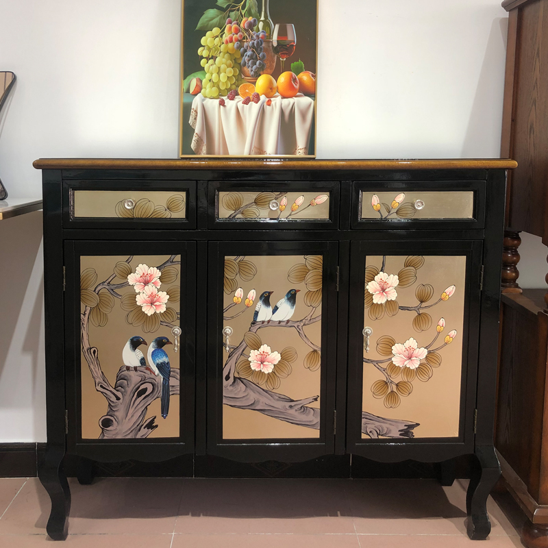 新中式银箔轻奢实木玄关大容量鞋柜玄关柜收纳柜门厅木质柜储物柜