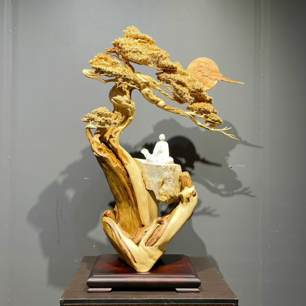 根雕迎客松造型人物禅意风景木雕客厅玄关精品摆件