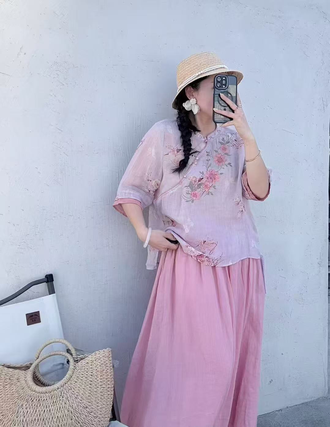 1-100夏季新款2025中式国风刺绣苎麻套头小衫女士上衣外套