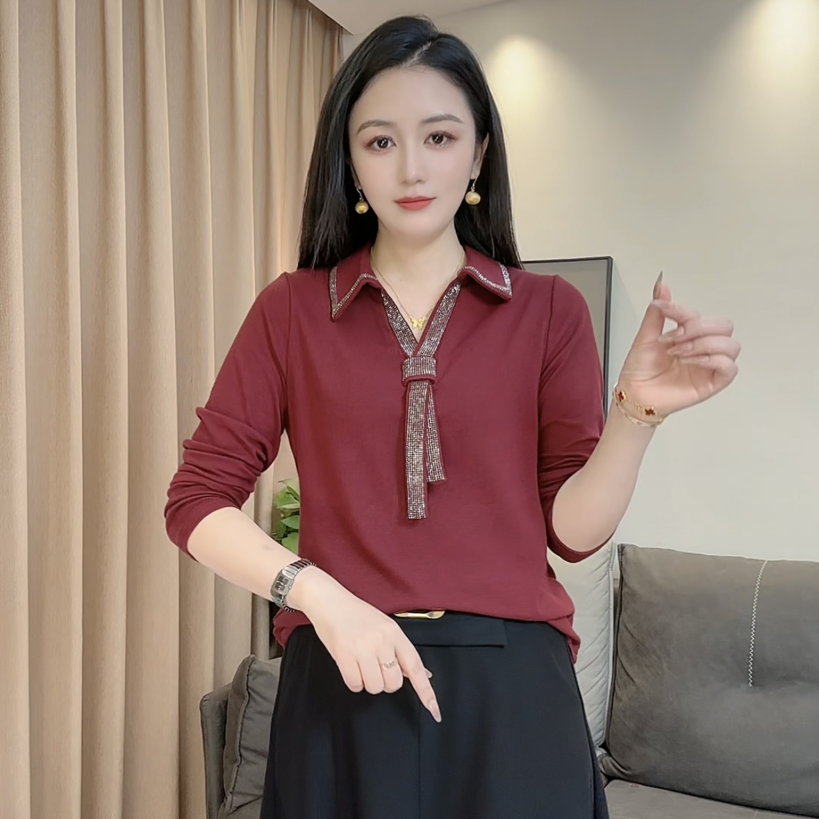 2715秋季翻领长袖修身型显瘦法式烫钻T恤夏季休闲ol减龄上衣