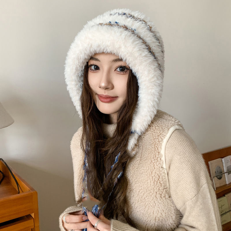 新款冬季拼色女防寒帽甜美可爱针织帽毛绒帽包头帽百搭骑车毛线帽