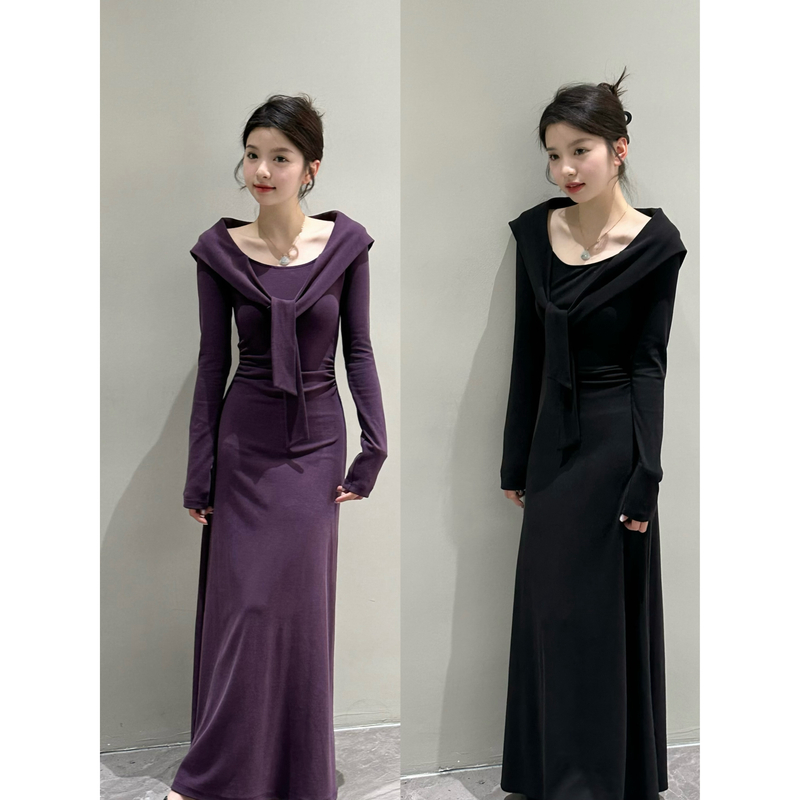 【大婷婷】秋季层次感披肩领口显瘦时尚设计修身长袖连衣裙DT0803