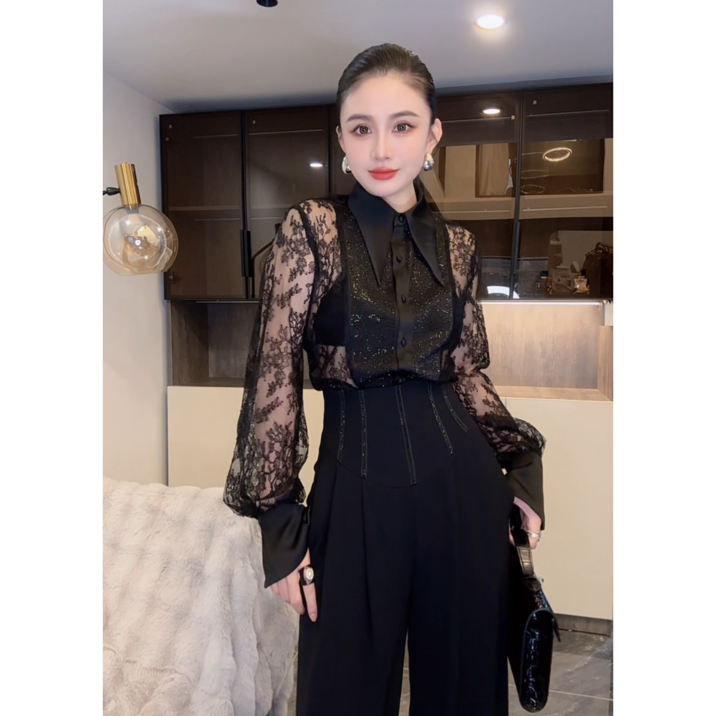 【思思原创】时尚个性修身蕾丝衬衫拼接打底长袖复古法式F86852