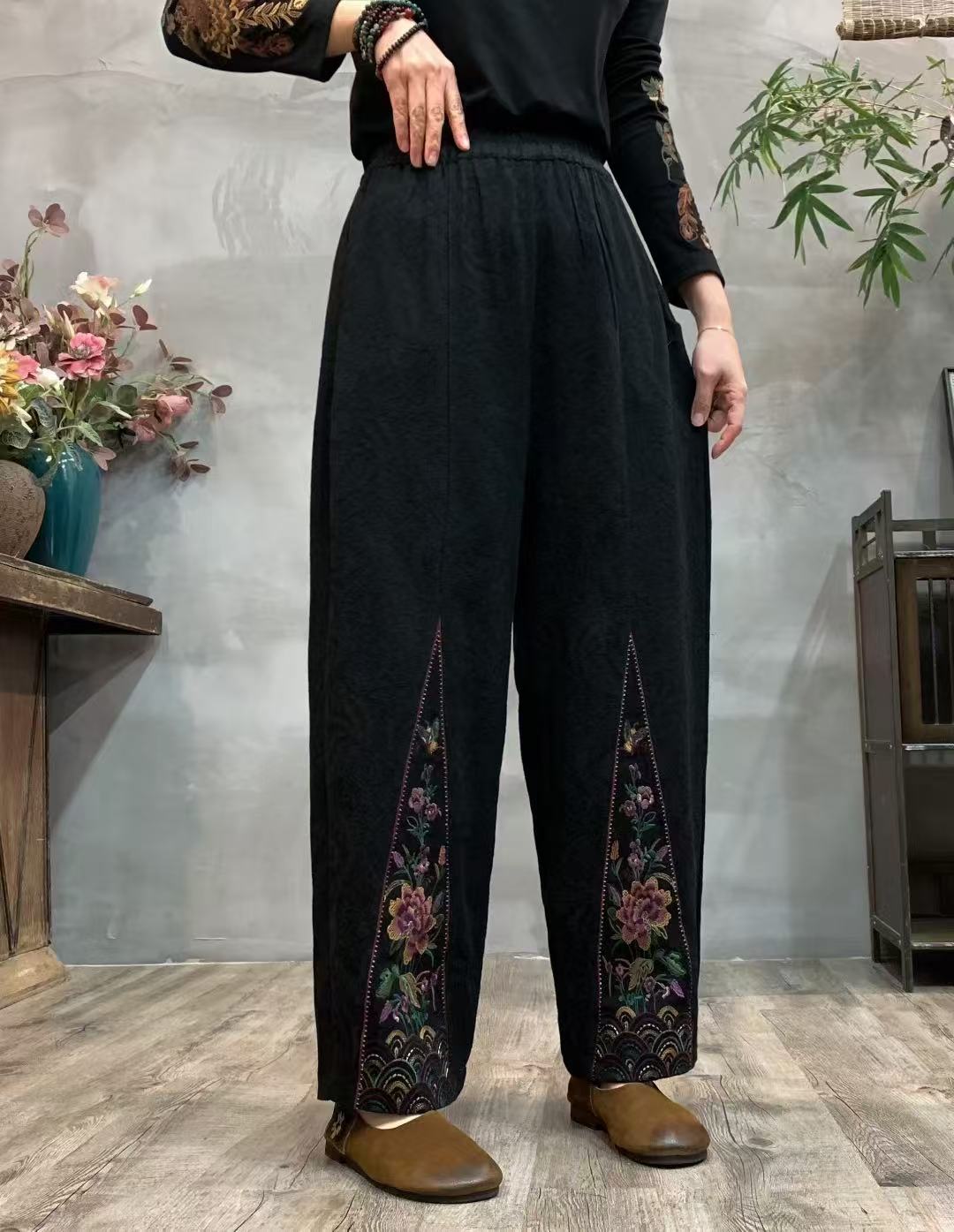 MYSG2025秋季新款新中式国风刺绣花萝卜裤女宽松显瘦百搭休闲裤女