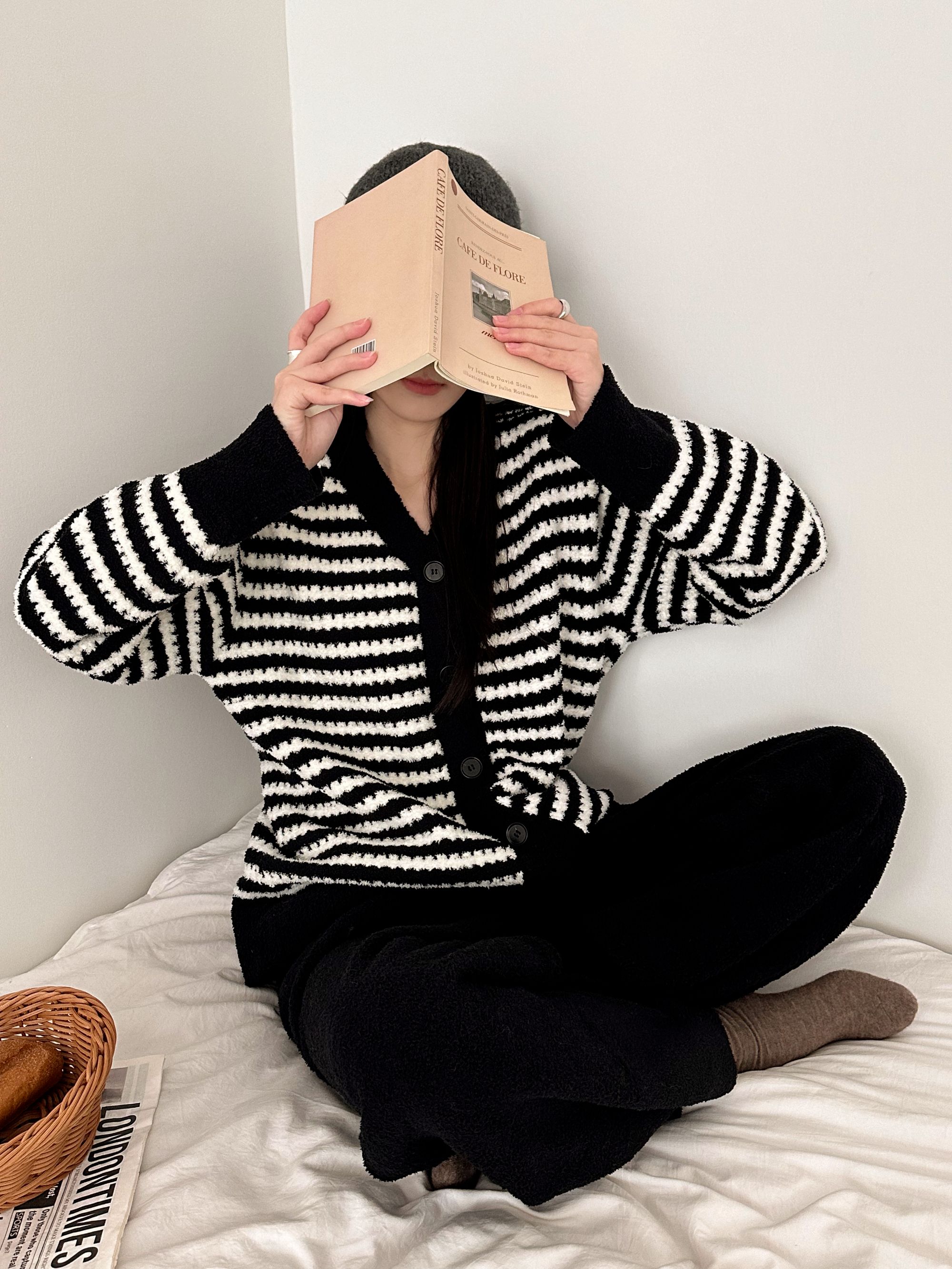 慵懒风千鸟格半边绒开衫睡衣韩版宽松冬季家居服套装DN-028