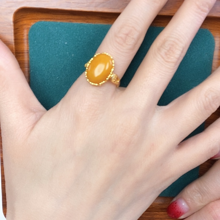 蜜蜡戒指银S925镶嵌戒指