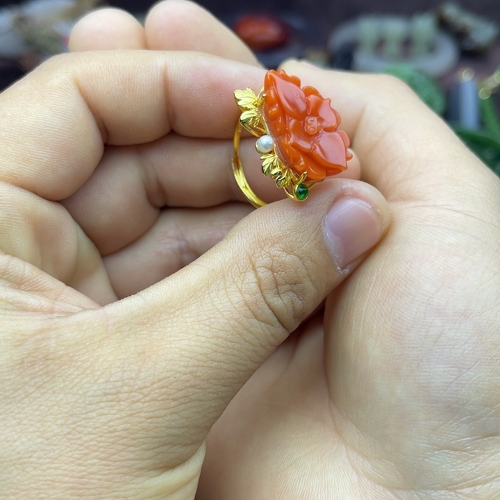 南红玛瑙戒指银S925镀金镶嵌