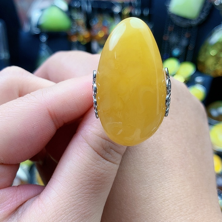 琥珀裸石银S925镶嵌戒指