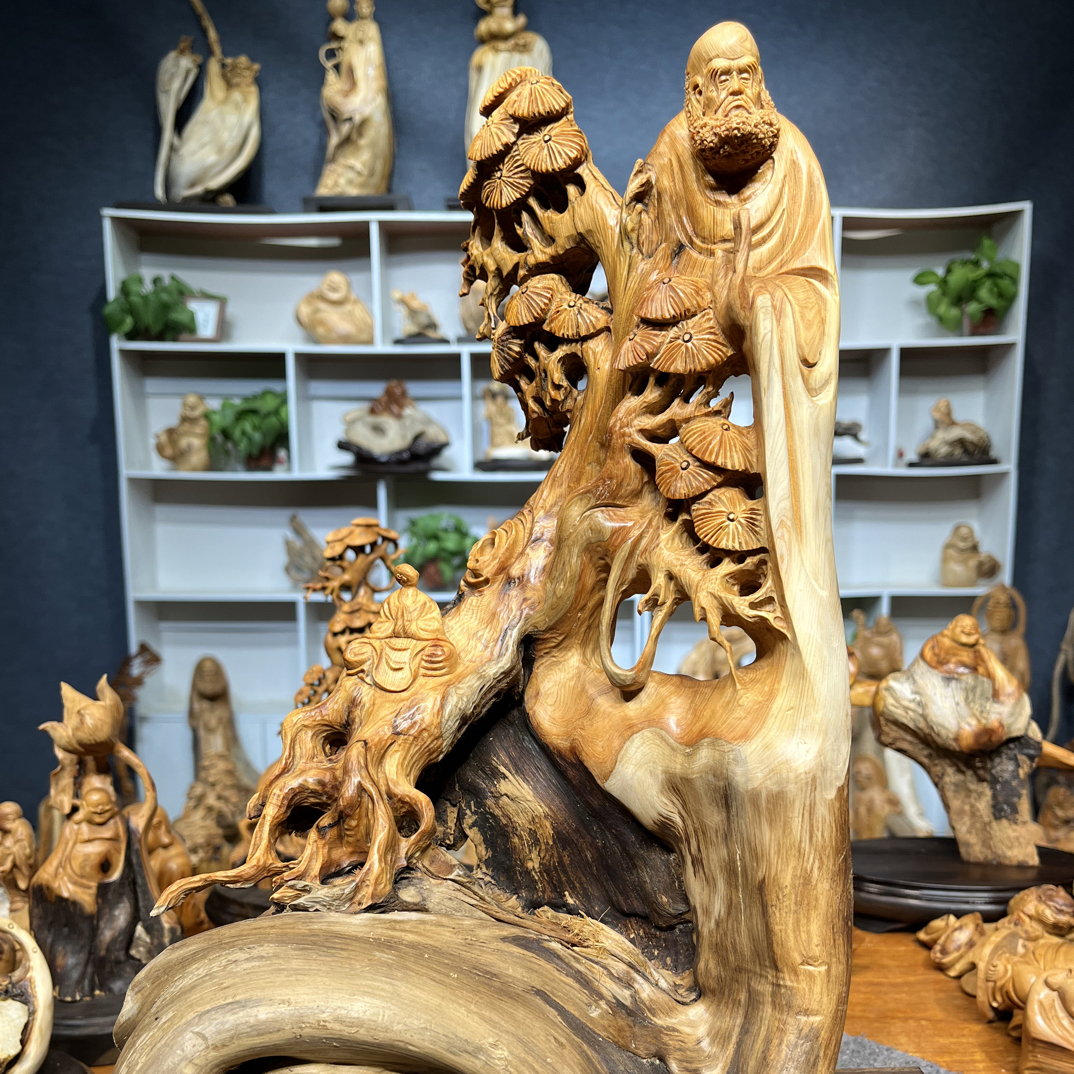太行崖柏双色风化板根纯手工雕刻镂空达摩无相传承意境木雕摆件
