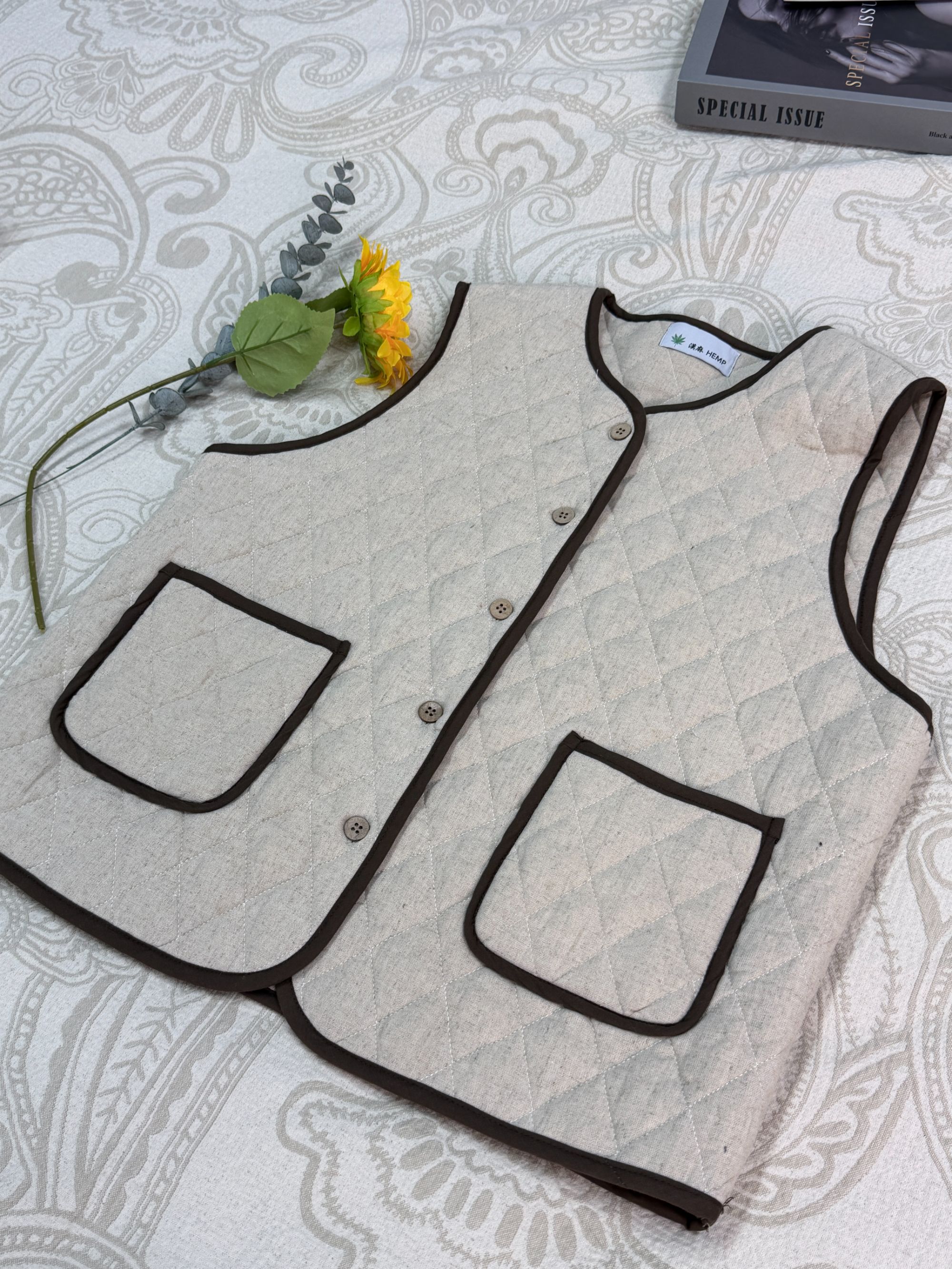 --黄金叶-- 男女同款全汉麻马甲 吸湿透气 绗缝工艺