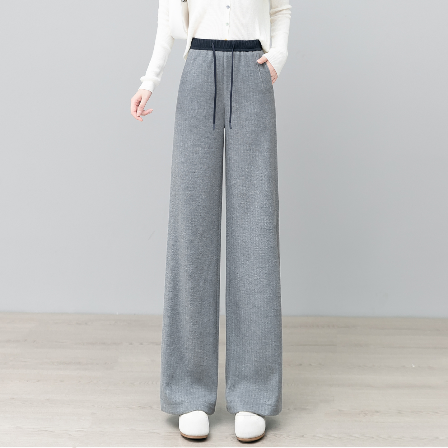高腰抽绳醋酸羊毛呢阔腿裤女2025秋冬季新款宽松显瘦垂感休闲裤