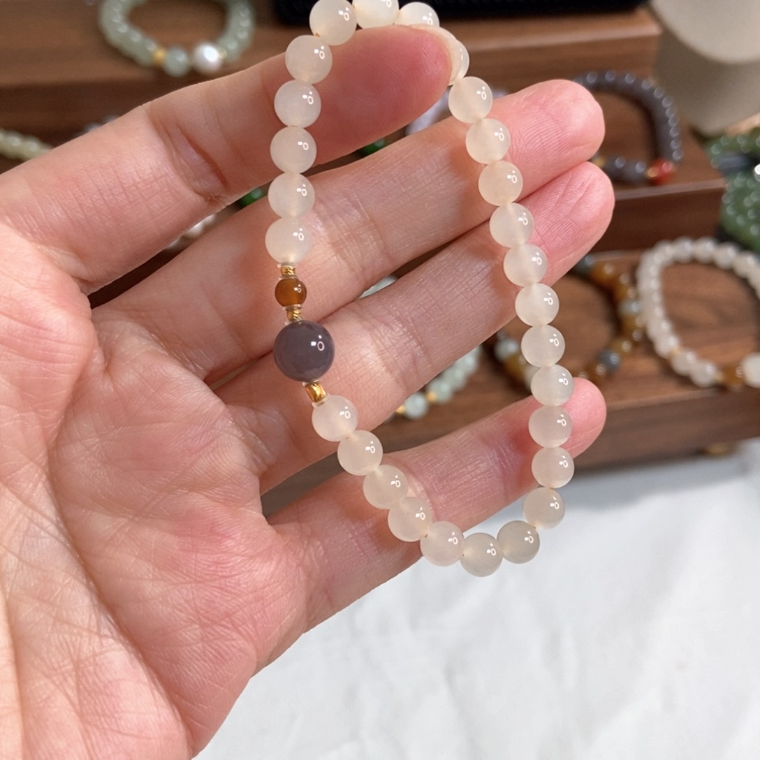 和田玉手链18K金镶嵌蜂蜜水6mm高冰底