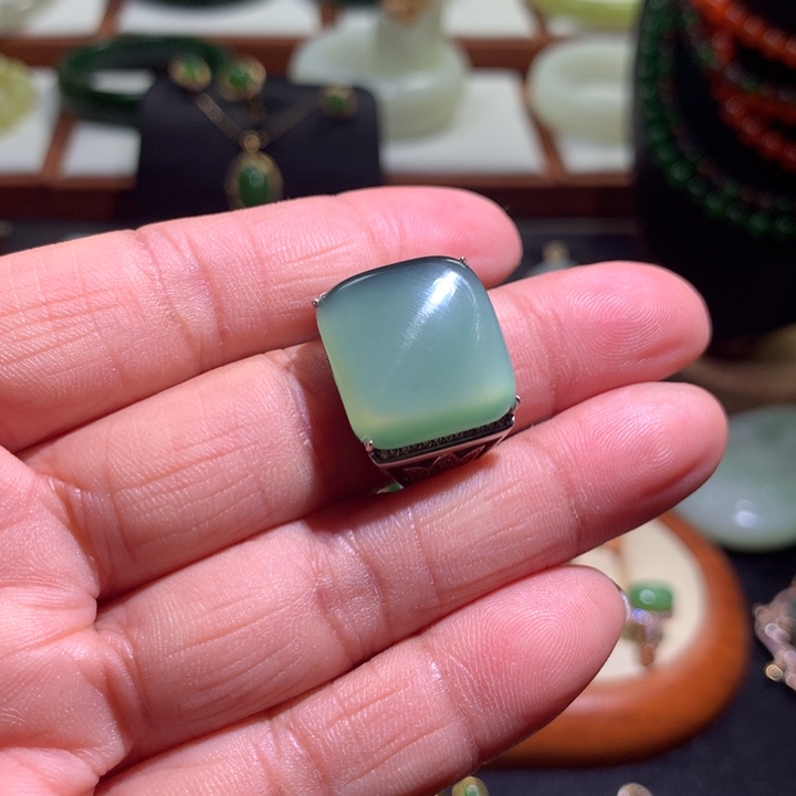 和田玉戒指银S925镶嵌时*