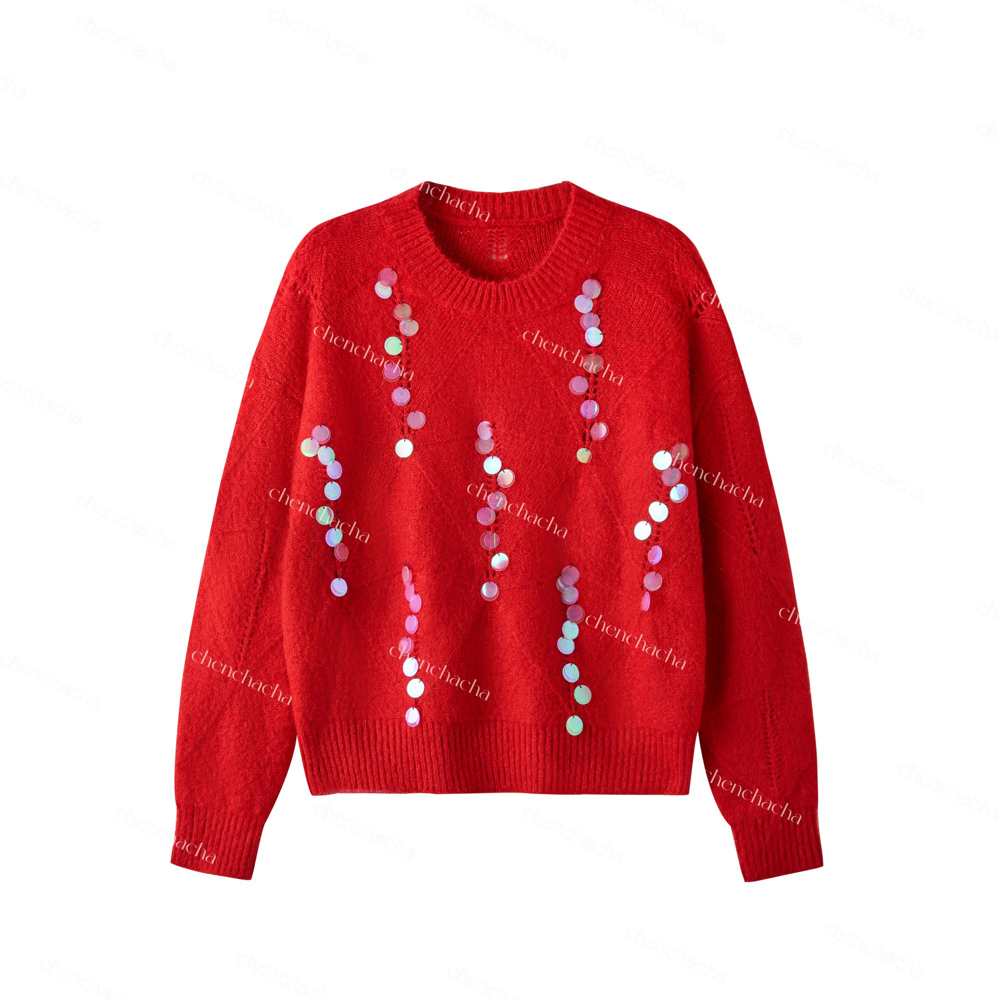 【陈茶茶】新年穿搭套装穿搭亮片女秋冬季小香风红色针织毛衣