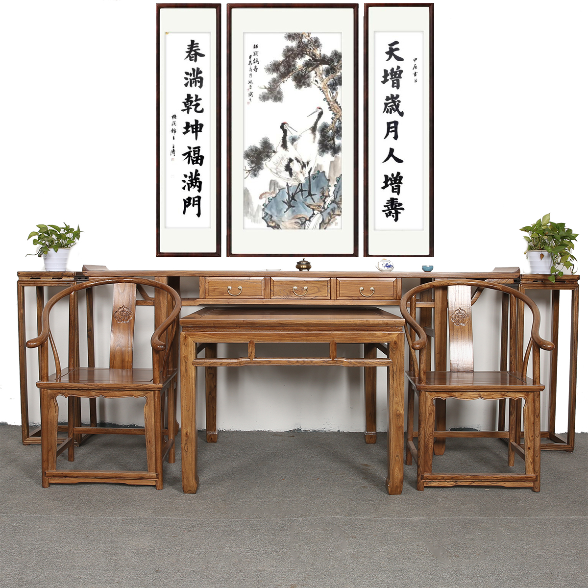 画水伟恒老榆木新中式中堂客厅家具条案桌八仙桌榆木实木