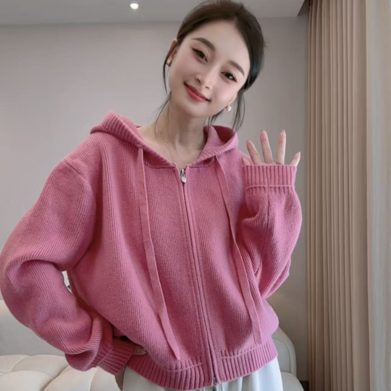 韩版设计感双拉链毛衣外套女2025秋冬连帽针织开衫小个子短款上衣