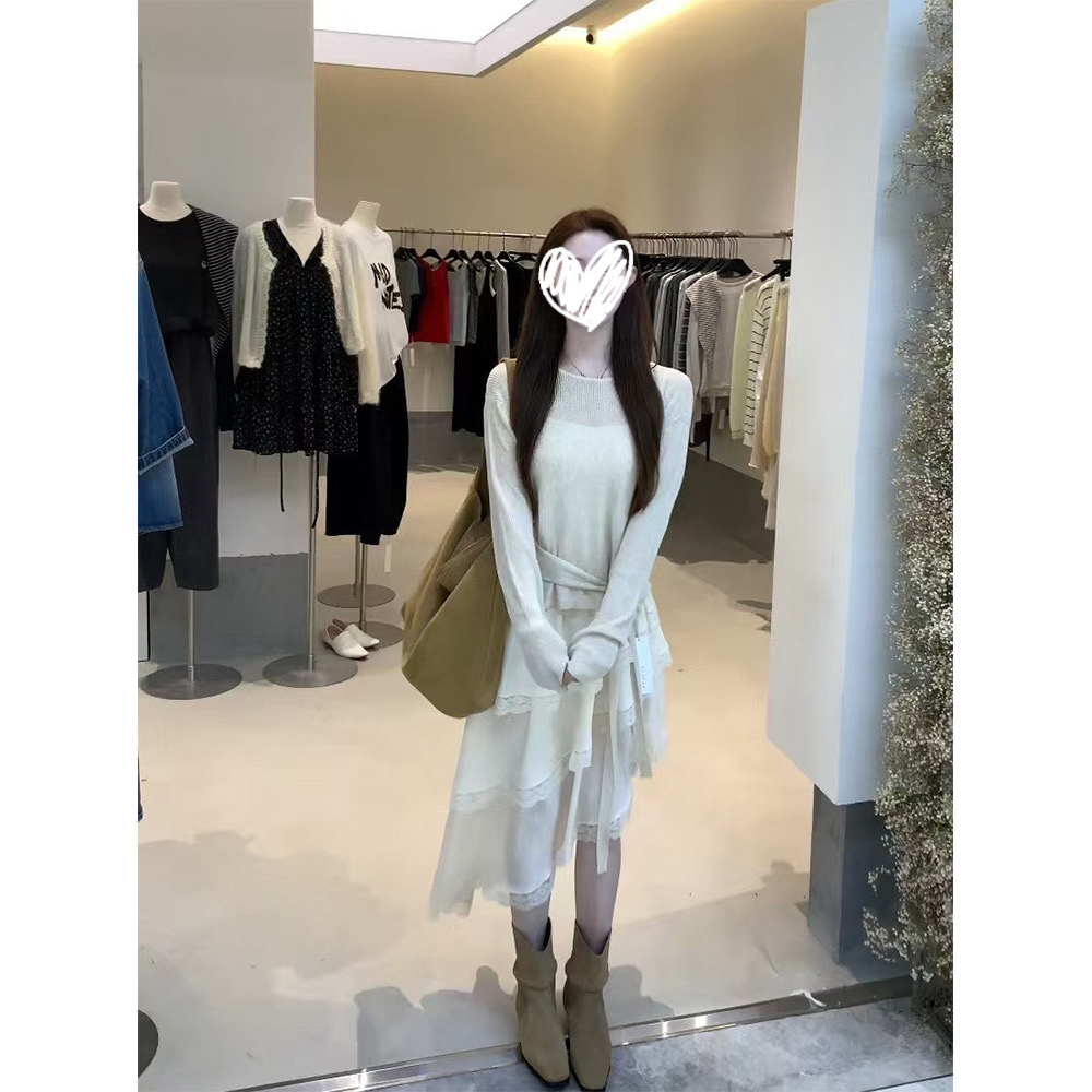 复古绑带圆领长袖毛针织上衣+不规则蕾丝半身裙两件套22520#
