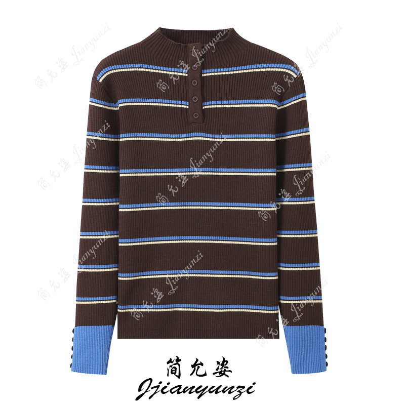 韩系条纹撞色纽扣半高领长袖打底针织衫女秋冬季洋气减龄套头毛衣