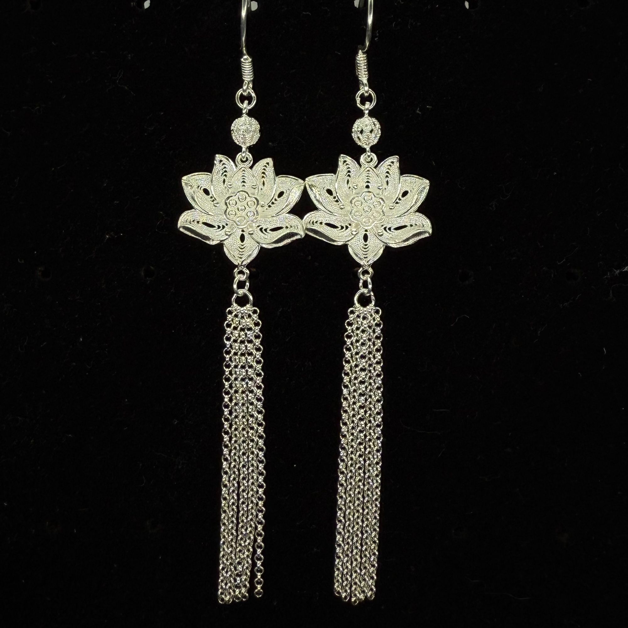 足银耳饰 [半亩银田]足银 手工流苏荷花耳坠 师傅手工 古风气质