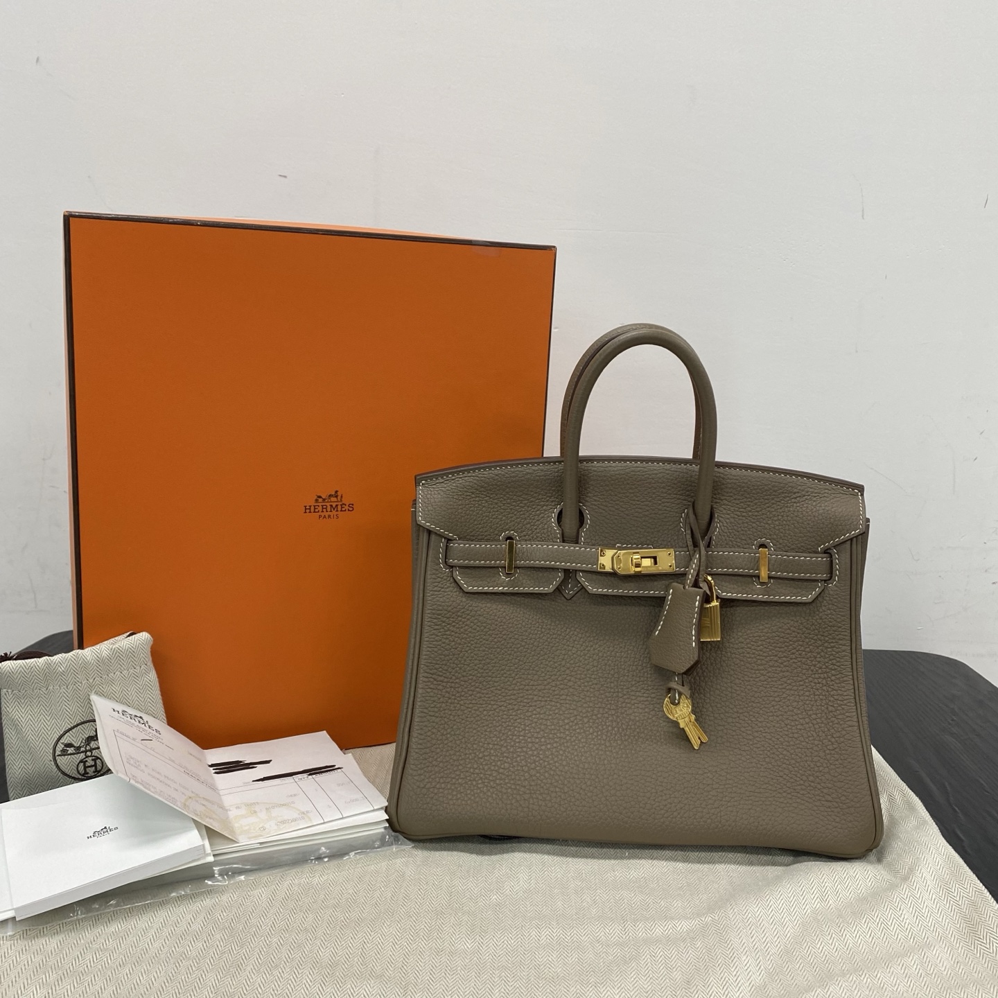 99新 Hermes/爱马仕 【小竹子首播福利】大象灰金扣Birkin25手提包