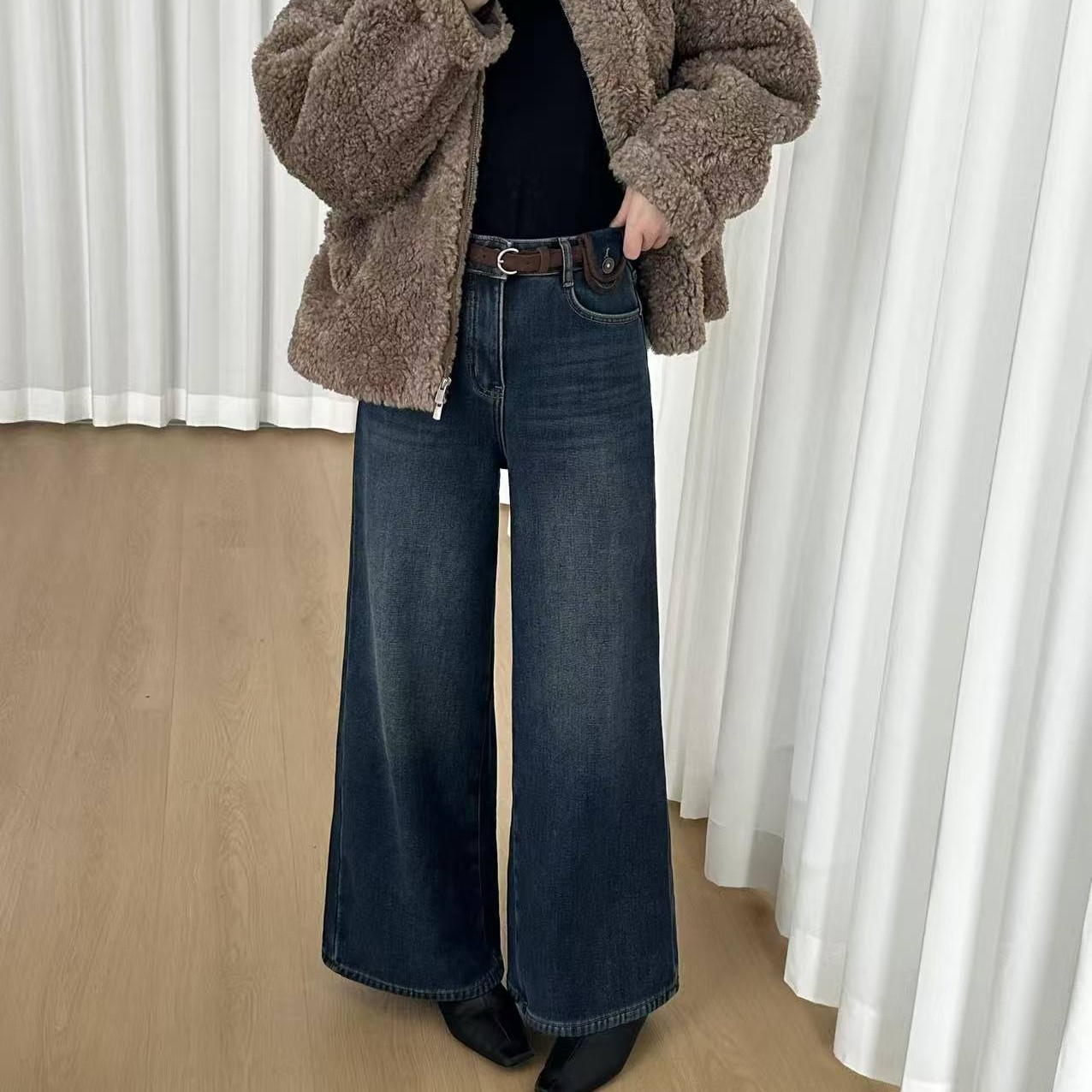 【丽鑫】韩版复合绒加厚直筒阔腿奶奶裤