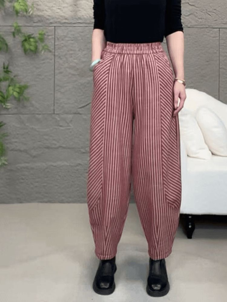 加绒加厚松紧腰冬季新款气质条纹时尚口袋中腰小脚休闲裤哈伦裤