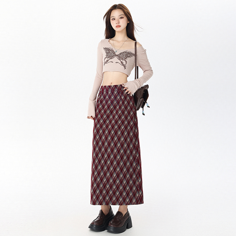 2610毛呢格子百搭高腰半身裙女秋冬遮肉显瘦a字包臀长裙