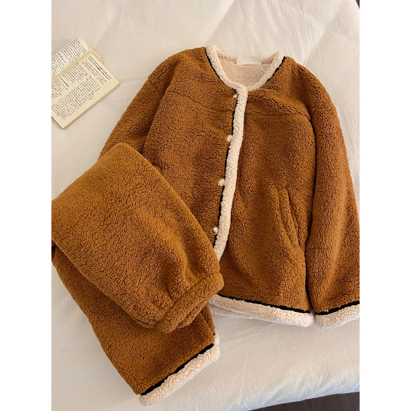 法式简约纯色珊瑚绒长袖睡衣女秋冬季款舒适亲肤大码家居服套装