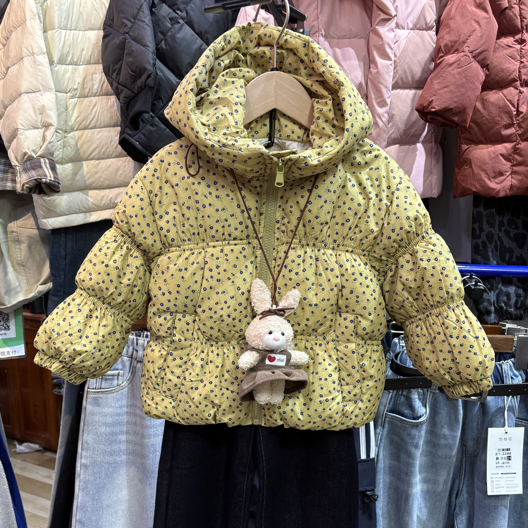 冬款加绒连帽女童洋气碎花时尚尺码90～130