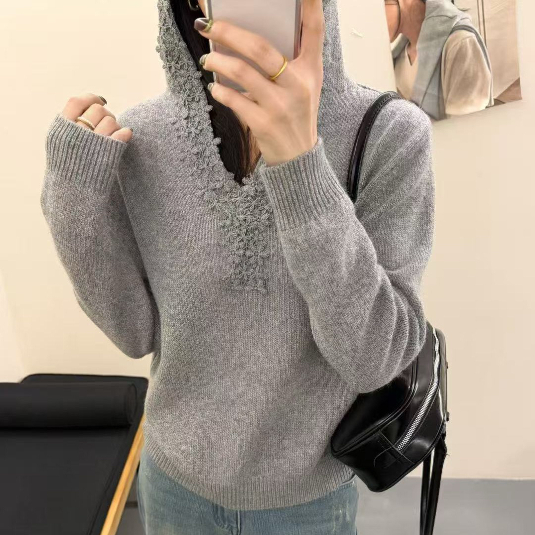 【韩系蕾丝】秋冬新款长袖帽衫上衣宽松女装保暖显瘦毛衣打底D170