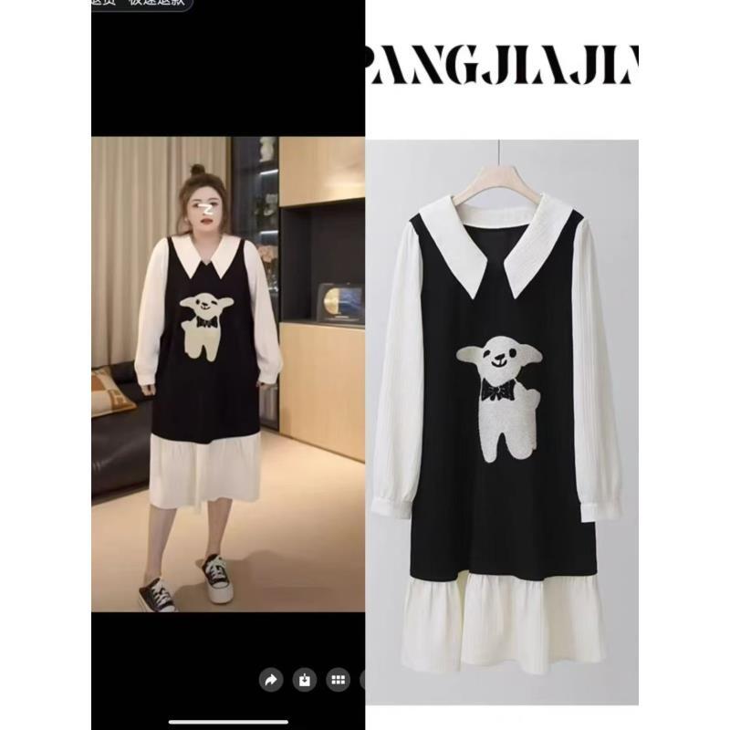 大码女装胖mm韩版拼接假两件时尚长袖连衣裙2025秋季显瘦减龄裙子
