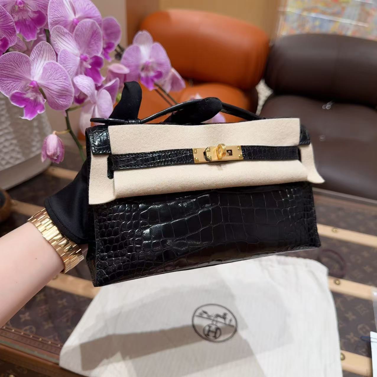 95新 Hermes/爱马仕 minikelly一代 黑金亮面方块鳄鱼 A刻 大全套