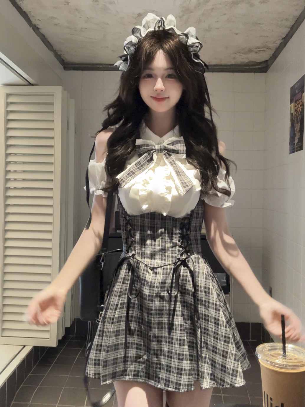 桔梗house 女高体验卡【现货】 学院风泡泡袖漏肩衬衣格子背带裙