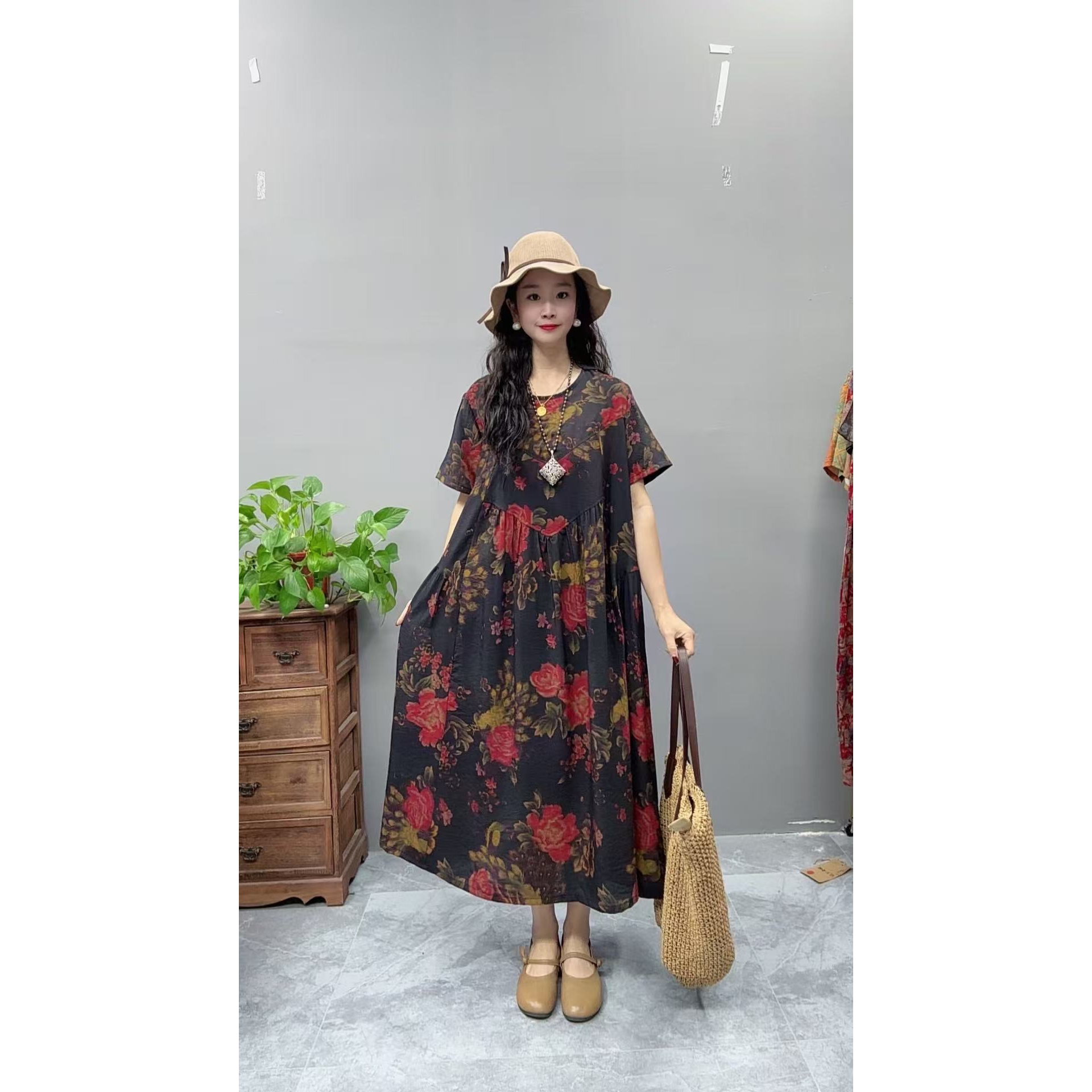 5051夏季新款清凉气质时尚复古遮肚宽松女显瘦百搭圆领休闲连衣裙