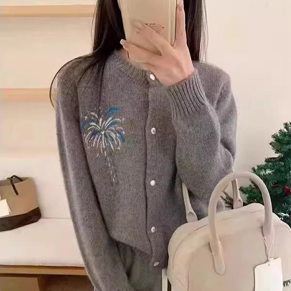 【烟花】欧货韩系烟花刺绣提花圆领长袖针织开衫宽松百搭毛衣外套