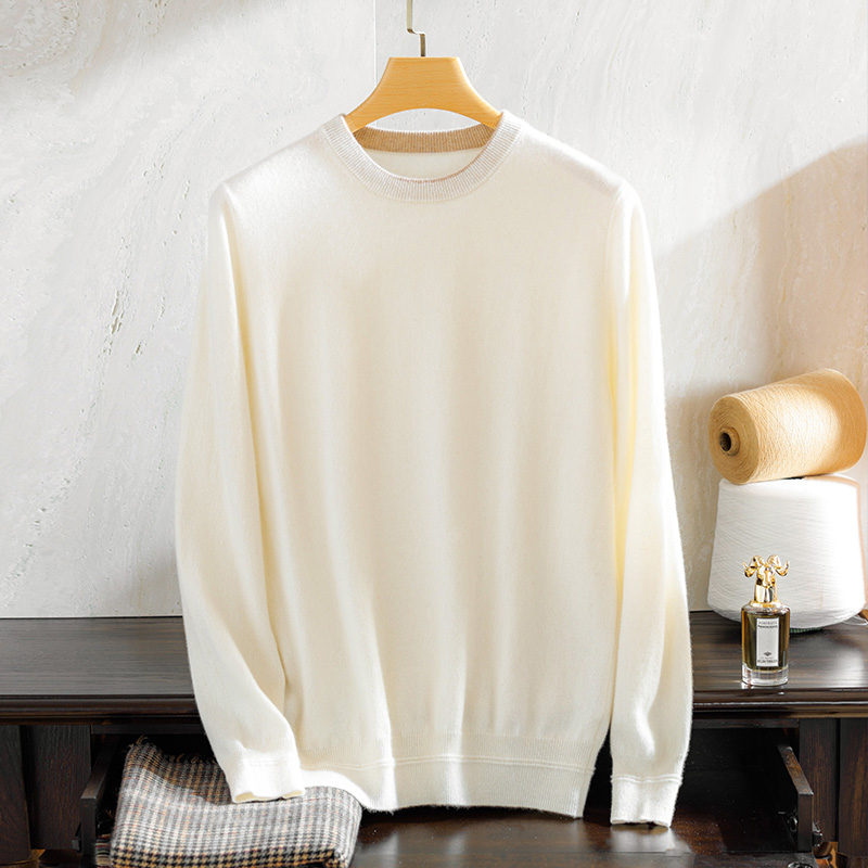 秋冬男士纯山羊绒撞色圆领套头针织打底衫百搭宽松长袖