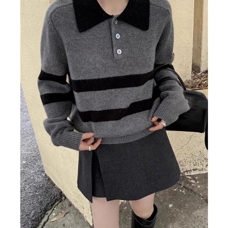6031韩系半开三粒扣polo衫毛衣女秋冬新款条纹翻领内搭针织衫上衣