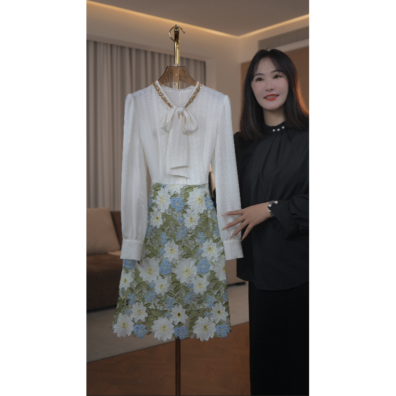 【现货 下午发】1972春款上新品牌女装气质收腰长袖连衣裙