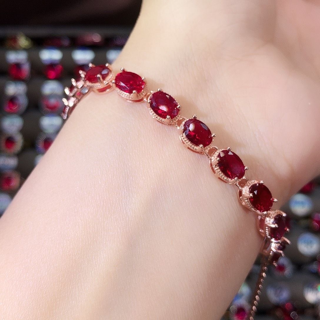 无925银酒红色手链玫瑰金