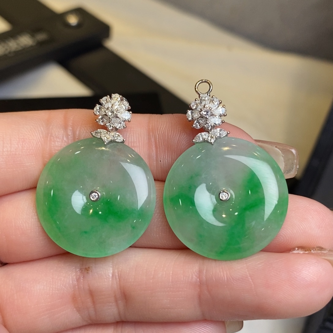 翡翠耳饰18K金镶嵌平安扣耳环吊坠两用款