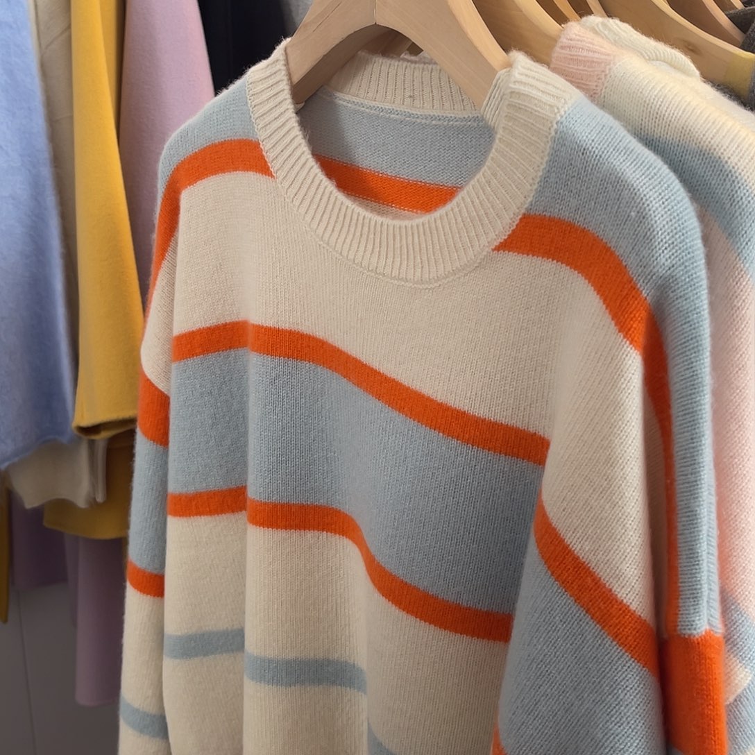 圆领 拼色 条纹 羊绒衫