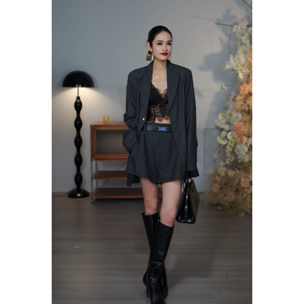 CHENG.程6店【花絮套装】早秋收腰长袖外套中高腰短裤西装套装